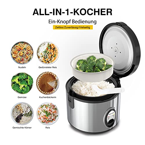 Rice Cooker 1 Litre for 1-5 People (5 Cups Uncooked, 10 Cups Boiled Rice) Stainless Steel Rice Cooker Small, Warming Function, Multi-Cooker Steamer, Non-Stick Coating, 400 W