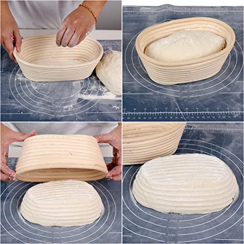 2pcs Bread Proofing Basket Set Sourdough Bannetons with Linen Cloth Liner Dough Scraper Proofing Cloth Linen Storage Bag (9inch Round + 10inch Oval Set)