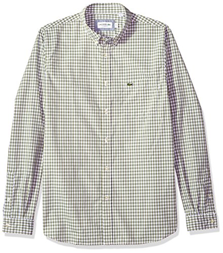 Lacoste Long Sleeve Button Down with Pocket Gingham Poplin Shirt, Slate/White, X-Large-XX-Large