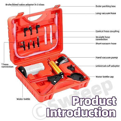 Swpeet 15Pcs - 1Set Red 2 in 1 Handheld Vacuum Pump Brake Bleeder Assortment Kit, Brake System Bleeding Tools Manual Vacuum Pump with Gauge Adapters Replace Brake Oil for Motorcycle, Bike, Car