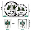 Whaline 100Pcs Christmas Tableware Set Buffalo Plaid Xmas Tree Disposable Dinnerware Set 50Pcs Paper Plates 25Pcs Napkin 25Pcs Cups for Christmas Theme Party Supplies Table Decorations