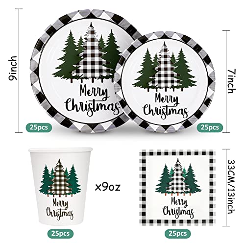 Whaline 100Pcs Christmas Tableware Set Buffalo Plaid Xmas Tree Disposable Dinnerware Set 50Pcs Paper Plates 25Pcs Napkin 25Pcs Cups for Christmas Theme Party Supplies Table Decorations