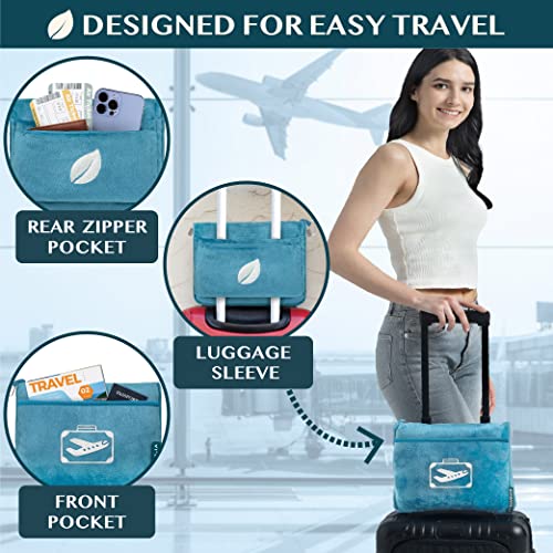 PAVILIA Travel Blanket Pillow in Soft Bag with Pockets, Airplane Blanket Set, Plane Blanket Compact Packable, Flight Essentials Car Pillow, Travelers Accessories Gifts, Luggage Strap, Turquoise