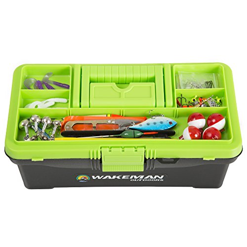 Wakeman Fishing Single Tray Tackle Box- 55 Piece Tackle Gear Kit Includes Sinkers, Hooks Lures Bobbers Swivels and Fishing Line by Outdoors Lime Green