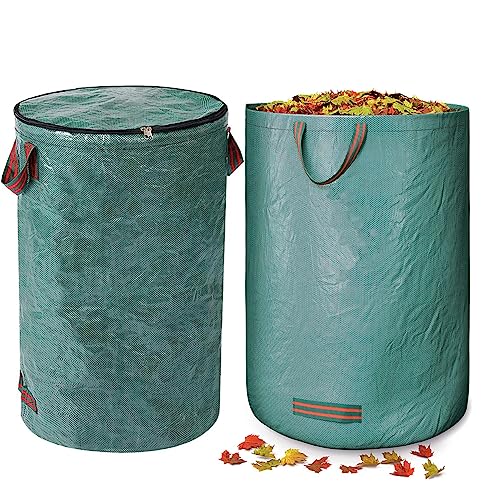 2-Pack 32 Gallons Garden Bag, Reusable Yard Waste Bags with Zipper Lid, Yard Waste Bags with Reinforced 4 Handles Outdoor Heavy Duty Lawn Leaf Bags for Collecting Leaves Grass Clippings Debris