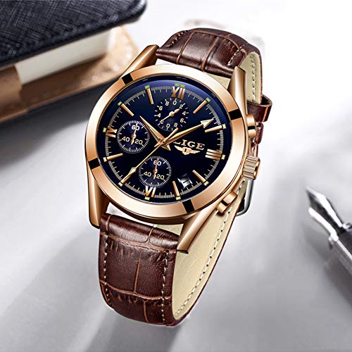 LIGE Men's Watches Elegant Luxury Analog Quartz 3ATM Waterproof Chronograph Watch for Male Fashion Casual Brown Leather Round Blue Dial Calendar Business Gents Dress Wristwatch