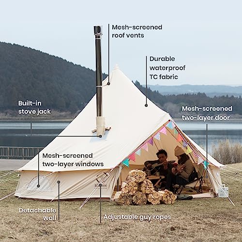 S'more Bello 4-Person Canvas Camping Tent, 4-Season Bell Tent Yurt Tent, Waterproof and Windproof Glamping Tent, Hot Tent with Stove Jack, Ideal for Family Camping, Hiking, Backpacking