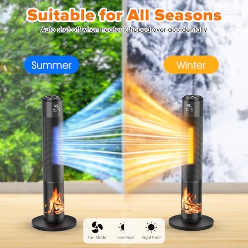 Cobuy Ceramic Heater, 2000W Portable Fan Heater for Bedroom, 3D Electric Fireplace Heater with Thermostat, 65° Oscillation, Tip-over, 8H Timer