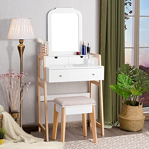 Giantex Vanity Set, Makeup Vanity Table w/ 3 Drawers & 2-tier Tabletop, Cosmetic Organizer w/Large Mirror & Cushioned Stool, Bedroom and Study Room Furniture for Women & Girls