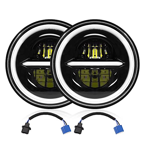 MONDEVIEW 7 Inch LED Headlight Round Halo Angel Eyes 8000LM 6000K 7" Headlights High/Low Beam DRL Amber Turn Signal Off Road H6024 LED Headlight for Wrangler Jeep Harley Motorcycle 2 PCS