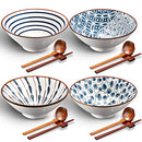 Zopeal Ceramic Ramen Bowl Set of 4 40 Ounce Japanese Large Ramen Bowls with Chopsticks and Spoons and Racks Ceramic Ramen Asian Soup Bowl Stand for Udon Soba Pho Asian Noodles Soup Ramen Salad Pasta