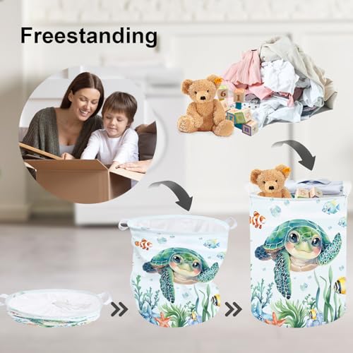 Clastyle 45L Large Green Sea Turtle Fish Seagrass Kids Laundry Basket with Lid for Boys Girls Clothes Toy Storage Basket for Bathroom