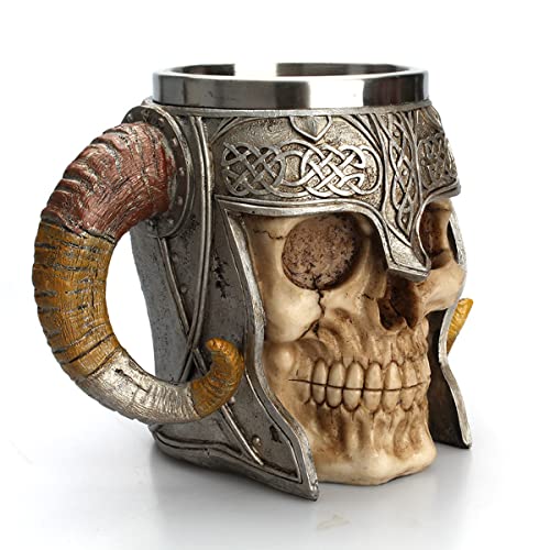 ZNZNANG Viking Warrior Skull Mug , Medieval Skull Drinkware Mug Stainless Steel Liner ,Unique Gifts for Men's Father's Da（550ml/19oz）