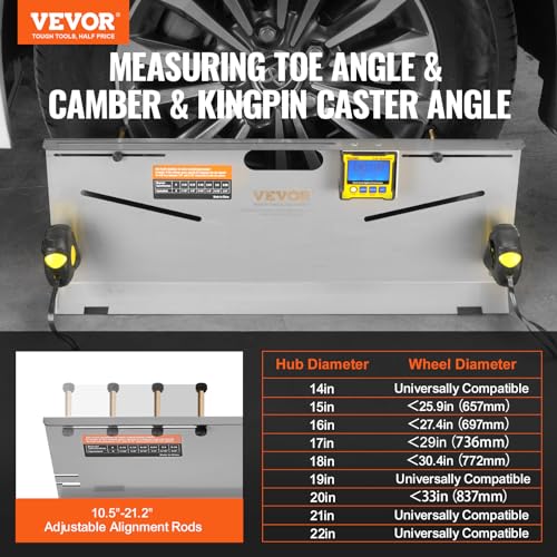 VEVOR Wheel Alignment Tool, 2-Pack Toe Plates, Camber/Caster/Toe Gauge 0.1° Accuracy, Stainless Steel Tool Plate, Magnetic Slots and 6 Alignment Rods, Includes 2 Measuring Tapes & Conversion Chart