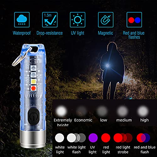 Mini Led Flashlight, Handheld Flashlight, 400 Lumens Outdoor EDC Rechargeable High Bright Multi-Functional Keychain Flashlight, with UV Light and Warning Light, P65 Water Resistant for Camping Hiking