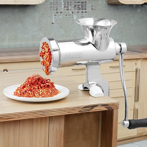 VEVOR Manual Meat Grinder, 304 Stainless Steel Hand Meat Grinder with Steel Table Clamp, Meat Mincer Sausage Maker & 2 Cutting Plates, Cookie Attachment, Sausage Tube for Beef Pepper Mushroom Cookie