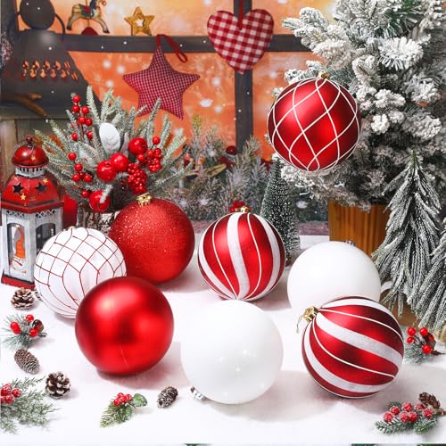 Wettarn Set of 8 Large Christmas Ball Ornaments 6 Inch Glitter Hanging Christmas Plastic Balls Indoor and Outdoor Hanging Christmas Tree Decorations for Lawn Yard Garden Party(Red and White)