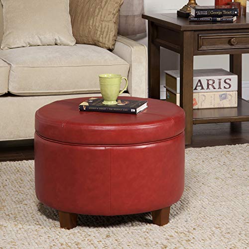 HomePop Round Leatherette Storage Ottoman with Lid, Cinnamon Red Large