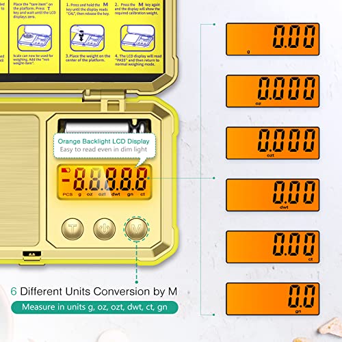 ORIA Digital Pocket Scale, 200/0.01g Digital Grams Scale, Mini Jewelry Scale with Tare Function, 50g Calibration Weight, 6 Units, LCD Backlit Display, for Food, Jewelry, etc - Gold