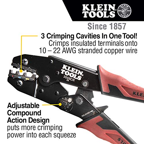 KLEIN TOOLS 3005CR Ratcheting Crimper, 10-22 AWG - Insulated Terminals