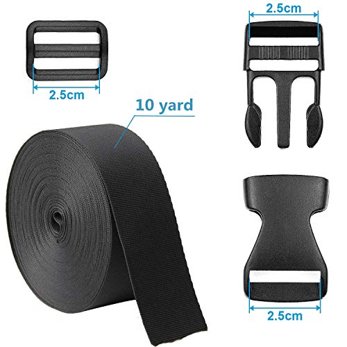 1 Inch Wide 10 Yards Black Nylon Heavy Webbing Strap+12 Set Plastic 1 Inch Flat Side Release Buckles and Tri-Glide Slides