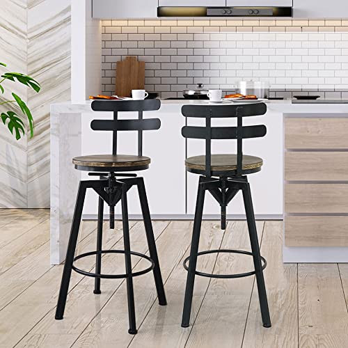 Levede Bar Stool Industrial Adjustable Swivel Stools Backrest Wood Kitchen Counter Chairs for Home Bar, Dining Room, Cafe, 150kg Capacity (Set of 1, Brown)