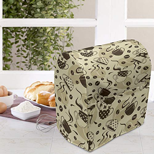 Ambesonne Modern Stand Mixer Cover, Contemporary Coffee Cups Polka Dots and Beans Roasted Graphic Design, Kitchen Appliance Organizer Bag Cover with Pockets, 6-8 Quarts, Cream and Brown