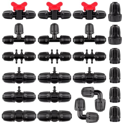 24 Pcs 1/2 inch Tubing Irrigation Fittings Kit, Kalolary Barbed Locked Connectors for Garden Lawn Drip Irrigation System(Switch Valves, T Connectors, Tees, Elbows, Ends, 1/2" to 1/4" tubing Reducers)