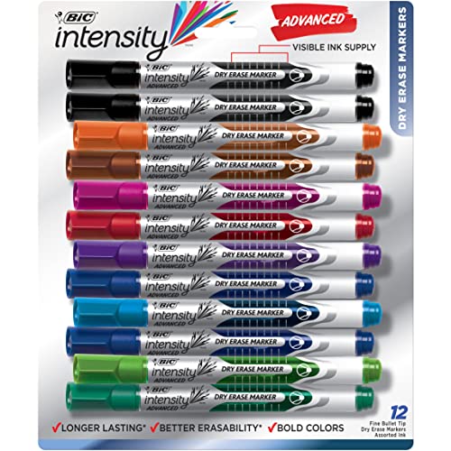 BIC Dry Erase Markers, Fine Bullet Tip, 12-Count Pack of Assorted Colors, Whiteboard Markers for Teachers and Office Supplies (GELIPP121-AST)