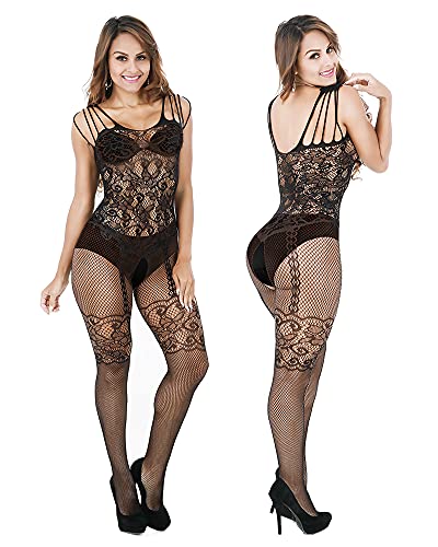 12 Pieces Women's Fishnet Lingerie Mesh Babydoll Bodysuit Lace Smock Lingerie for Women, Black, Medium