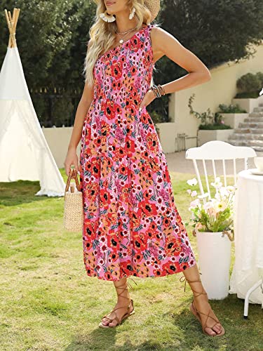 ZESICA Women's 2024 Bohemian Summer Floral Print One Shoulder Sleeveless Smocked Ruffle Tiered Beach Long Midi Dress, Brightpink, Medium