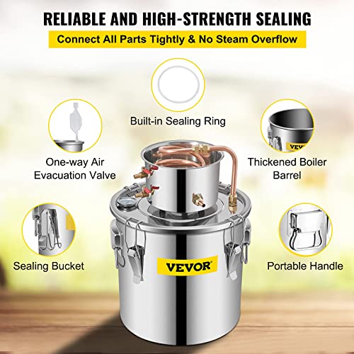 VEVOR Moonshine Still 9.6Gal 38L Stainless Steel Water Alcohol Distiller Copper Tube Home Brewing Kit Build-in Thermometer for DIY Whisky Wine Brandy, Sliver