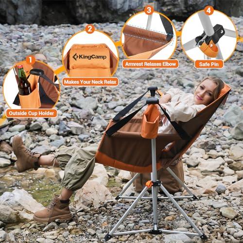KingCamp Hammock Camping Chair Swinging Rocking Chair for Adults Portable Folding Chair Hold Up to 264 lbs Carrying Bag Cup Holder for Lawn Beach Camp Outside(Brown/2-pack)