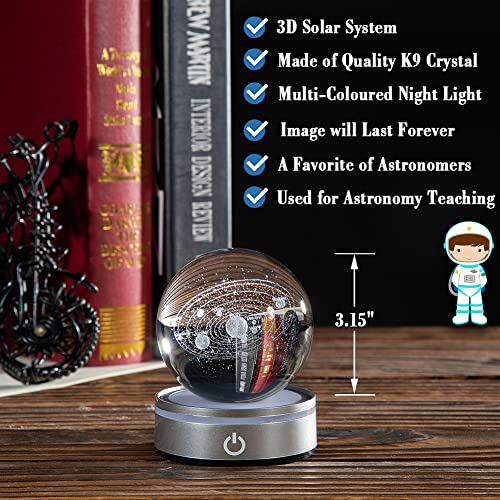 IFOLAINA 3D Solar System Crystal Ball 3.15" Astronomy Gifts for Kids The Solar System Model Glass for Physicist Decorative Planets with Stand