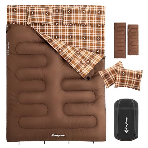 KingCamp Double Sleeping Bag for Adults Cotton Flannel Lightweight Queen Size 2 Person Sleeping Bags with 2 Pillows for Camping Backpacking or Hiking Outdoor XL Sleeping Bag w/Compact Compression Sack