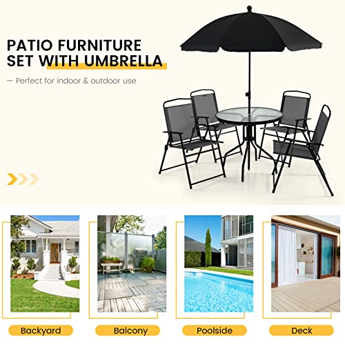 Costway 6 PCS Patio Dining Set Folding Chairs Glass Table Tilt Umbrella Garden (Grey)