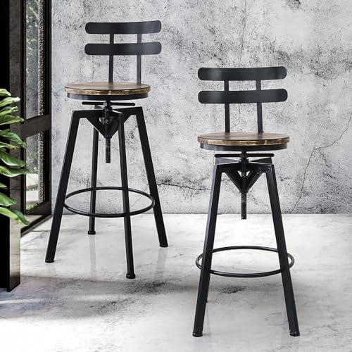 Levede Bar Stool Industrial Adjustable Swivel Stools Backrest Wood Kitchen Counter Chairs for Home Bar, Dining Room, Cafe, 150kg Capacity (Set of 1, Brown)