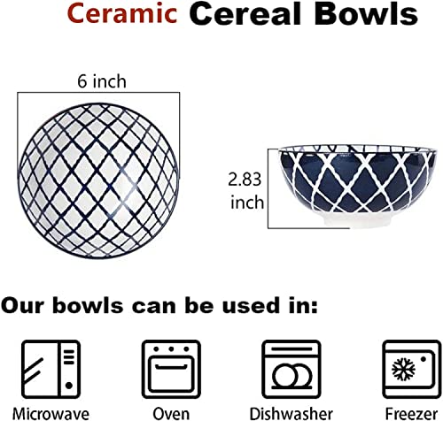 HUIRUMM Ceramic Cereal Bowl, Set of 6 Vibrant Color Dessert Bowls,22 oz Porcelain Bowl Set,Oatmeal Bowls, Bowls for Soup, Salad, Rice, Ramen, Dessert, Rice, Noodle, Bowls for Kitchen, Assorted Designs