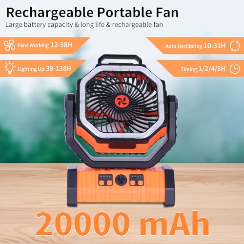 𝟮𝟬𝟬𝟬𝟬𝗺𝗔𝗵 Camping Fan Battery Powered Fan with LED Lantern, Portable Camping Fan for tents, 8H Timer & 270°Osicllating Fan Rechargeable Battery Operated Fan, USB Desk Fan Beach Fan with Hook