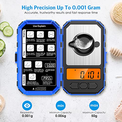 Newset AMIR Digital Milligram Scale, 50/0.001g High-Precision Pocket Jewelry Scale, LCD Backlit Display, 6 Units, Auto Off, Tare with 20g Calibration Weights Tweezers (Batteries Included) - Blue