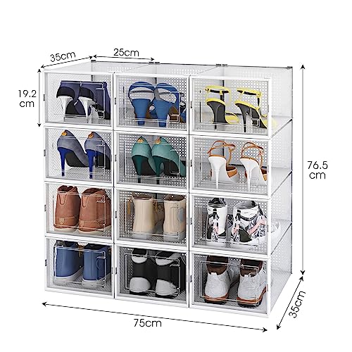 12PCS Shoe Storage Box Sneaker Display Case Plastic Clear Stackable Shoe Organizer Transparent Container Extra Large 35x25x19cm