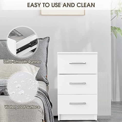 ADVWIN White Bedside Table with 3 Drawers, Modern Wooden Nightstand for Bedroom and Living Room, Office Storage Cabinet(38x35x66CM)