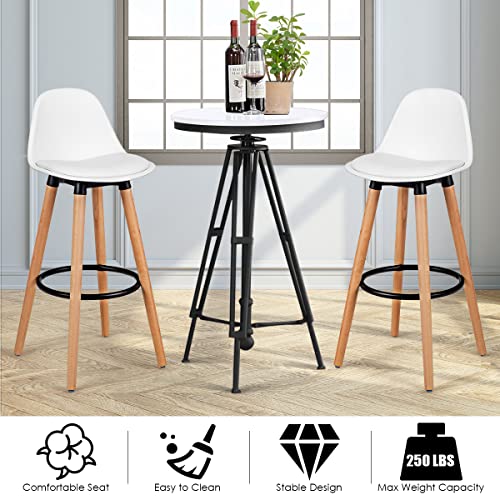 2Pcs Bar Stools, Pub High Barstool Dinning Chair w/ Round Metal Footrest, Beech Wood Legs, Cushioned Seat & Curved Backrest, PU Leather Bar Chair, Counter Height Chair for Home, Bistro, Dining Hall, Kitchen (White)