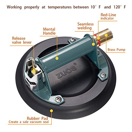 ZUOS 8" Glass Suction Cup for Granite & Glass Lifting, Glass Suction Cup Vacuum Glass Lifter with Metal Handle and Brass Pump,220lbs Load Capacity (8" Metal) (8" Vacuum Suction Cup) (8" suction cup)