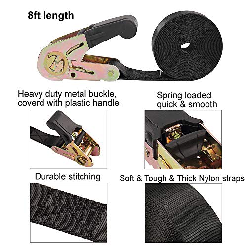 Endless Ratchet Tie Down Straps Heavy Duty Cargo Tie Downs, Durable Nylon Black Strap Down Ratcheting Securing Straps, Track Spring Fittings, Tie-Down Motorcycles, Trailer Loads, Kayak (8ft - 2pack)