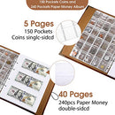 Coin Collecting Holder Album with 150 Coin Pockets and 240 Paper Currency Pockets, PU Leather Coins Collection Holder Penny Currency Storage Book (Brown)