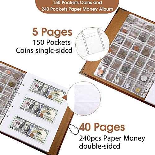 Coin Collecting Holder Album with 150 Coin Pockets and 240 Paper Currency Pockets, PU Leather Coins Collection Holder Penny Currency Storage Book (Brown)