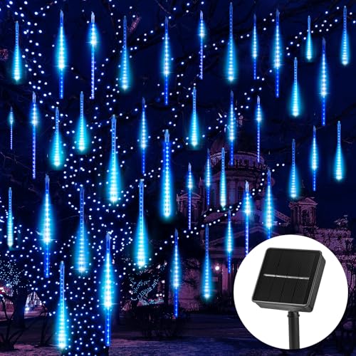 Christmas Lights Solar Powered, Meteor Shower Lights Outdoor, 16 Inches 8 Tube 288 LED Solar Meteor Lights for Tree Wedding Xmas Holiday Party Patio Decoration, Bule