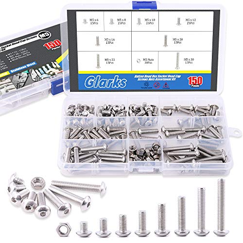 Glarks 150Pcs M5 Stainless Steel Button Head Hex Socket Head Cap Bolts Screws Nuts Assortment Kit