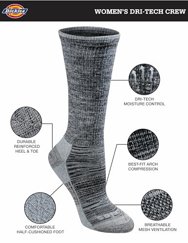 Dickies Women's Dri-Tech Moisture Control Crew Socks Multipack, Black Heathered (6 Pairs), 6-9